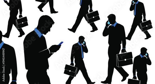 Silhouettes of businessmen walking and using phones.