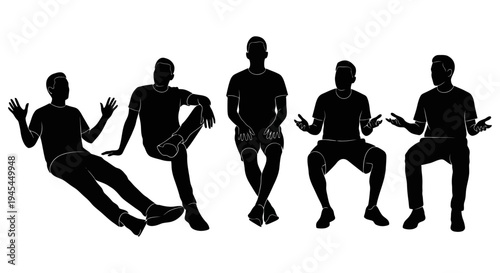 Silhouettes of five men sitting in various poses.
