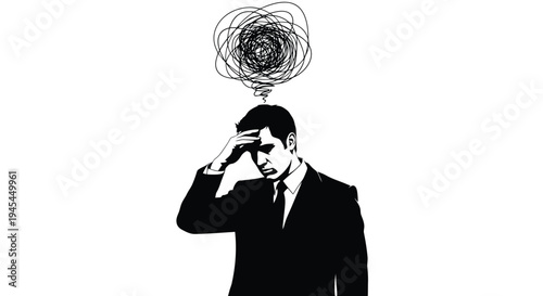 Man in Suit with Tangled Thoughts Above Head.