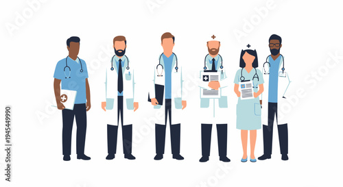 Group of Diverse Medical Professionals Standing Together on White Background