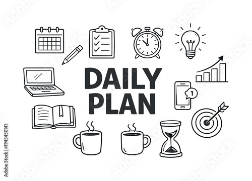 Modern productivity planning and organized daily workflow where professionals structure schedules, prioritize tasks and track progress to maintain consistent efficiency. DAILY PLAN central