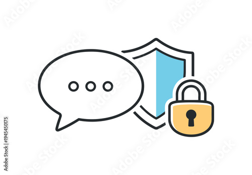Secure digital communication and protected online messaging in everyday personal and business interactions, a simple chat bubble beside a small shield and lock symbolizing privacy, trusted