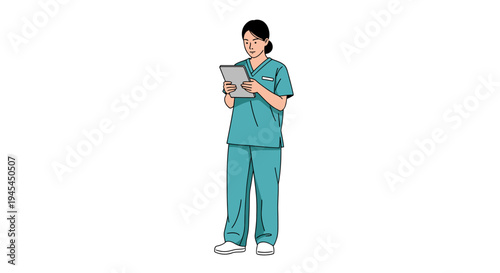 Female medical professional in blue scrubs using digital tablet