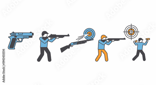 Shooting sports icon set with rifles handguns and target practice