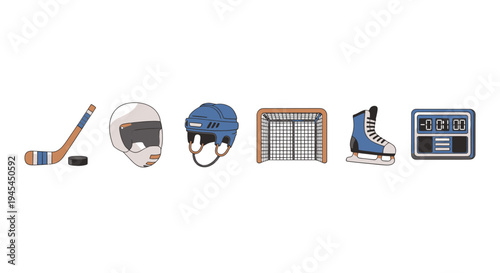 Set of Cartoon Ice Hockey Equipment and Game Icons