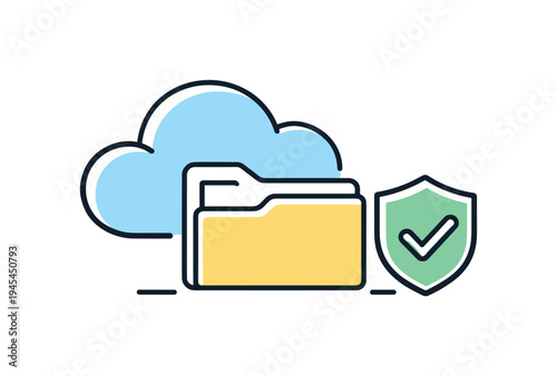 Secure cloud technology and reliable digital backup for important files across modern business and personal devices, a simple cloud icon beside a small folder and a shield symbolizing safe