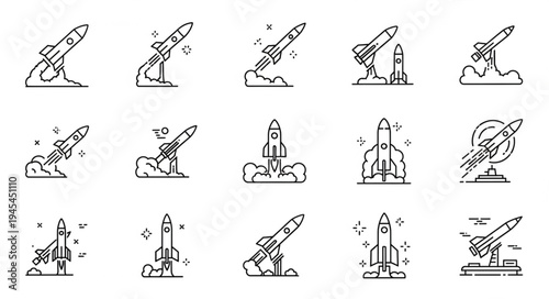 Collection of rocket launch icons in a simple line art style.