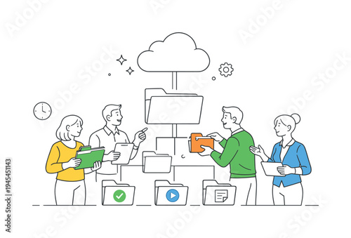 A group of professionals organizing digital files and improving workflow efficiency in a modern office environment, standing around a large structured folder system connected to a simple