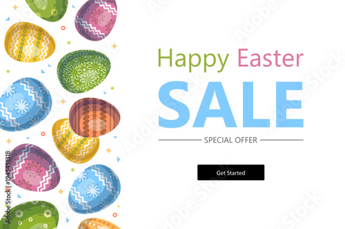 Easter sale promotional banner with colorful decorated eggs. Promotion and shopping template for Easter. Web design and mobile template. Vector Not AI generated.