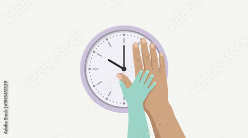 Minimalist illustration of parent and child hands over a wall clock