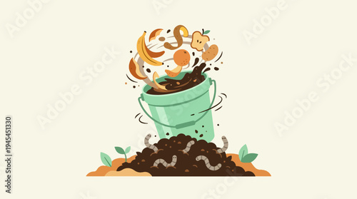 Organic Waste Composting Illustration with Food Scraps and Earthworms