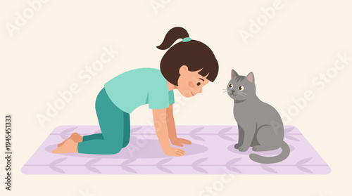 Girl Practicing Yoga on a Mat with her Pet Cat
