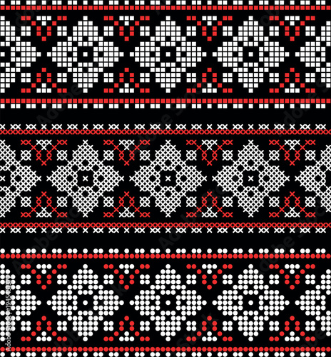 Traditional Ukrainian embroidery seamless pattern with red and black cross stitch ornament on white background. Folk ethnic geometric textile design inspired by Ukrainian vyshyvanka embroidery.