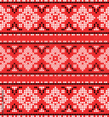 Traditional Ukrainian embroidery seamless pattern with red and black cross stitch ornament on white background. Folk ethnic geometric textile design inspired by Ukrainian vyshyvanka embroidery.
