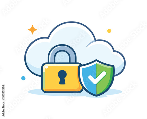 Secure cloud data storage and protected digital information management for modern businesses and personal technology use, a simple cloud paired with a lock and a small shield representing