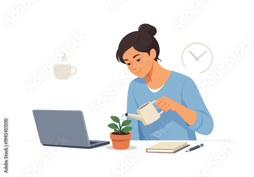 A mindful lifestyle moment where a remote worker takes time to support personal wellbeing during a busy digital work routine, representing healthy work habits and sustainable productivity