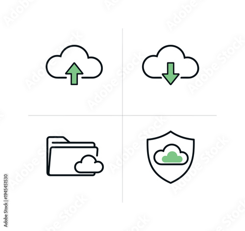 Digital cloud storage and file management representing secure data organization and convenient access across modern connected devices and online platforms, four tiles showing a cloud with
