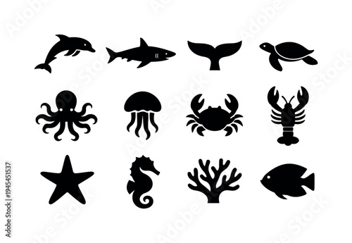 Marine sea life: dolphin jumping, shark side view, whale tail fluke, sea turtle swimming, octopus with tentacles, jellyfish bell shape, crab with claws, lobster silhouette, starfish five