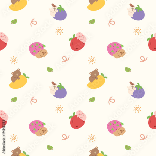 Animal on fruit cartoon so cute. On pig bear capybara dog mango mangosteen dragon fruit lychee leaf sun background. Pattern seamless vector illustration