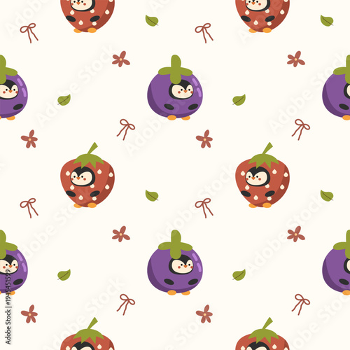 Penguin cosplay strawberry mangosteen cartoon so cute. On bow flower leaf background. Pattern seamless vector illustration