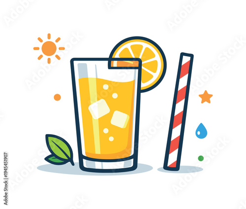 Refreshing summer drink enjoyed during warm sunny days and outdoor relaxation, a tall glass of lemonade with a lemon slice on the rim placed beside a striped straw symbolizing freshness