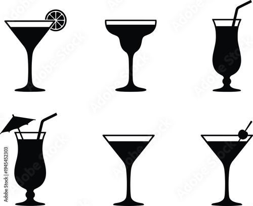 Cocktail drink glass silhouette icon set with martini margarita tropical beverage glasses, bar menu symbol collection for nightlife and restaurant design