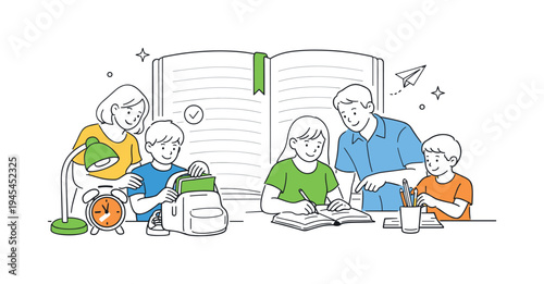 Parents guiding children in organizing school materials and building productive study habits during a calm evening routine at home, visual metaphor of a large open notebook placed beside a