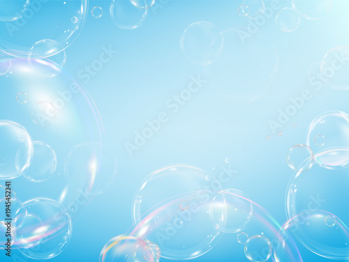 Blue abstract background.Transparent soap bubble,light reflection on soft gradient sky.Fresh liquid texture,Floating circle,Beauty foam for cosmetic banner,Skincare, Hygien,Spring,Summer Design
