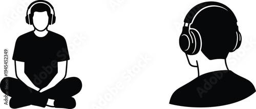 Person wearing headphones listening to music sitting cross legged relaxation audio lifestyle silhouette and outline vector illustration
