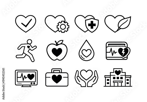 Cardiovascular treatment and prevention: heart with checkmark, heart with gear, heart with shield cross, healthy heart with leaf, running person with heart, apple with heart symbol, blood