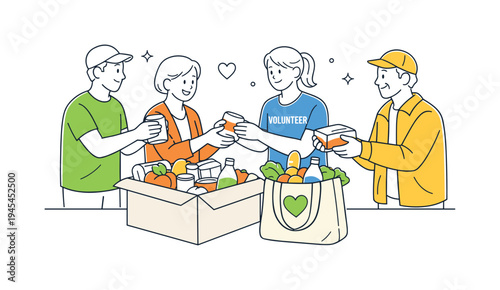 A group of volunteers distributing food packages during a local charity event for community support, gathered around a large box of groceries and a simple reusable bag that symbolize