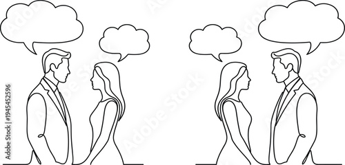 Continuous line illustration of two people facing each other with speech bubbles symbolizing conversation communication dialogue relationship discussion concept minimal vector