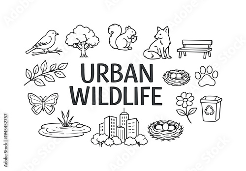 Urban wildlife coexistence concept representing animals living alongside people in modern cities and adapting to parks, gardens and urban green spaces. URBAN WILDLIFE central title