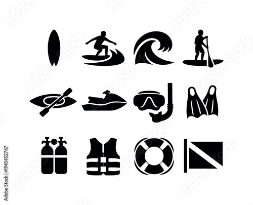 Water sports adventure: surfboard, surfer silhouette riding wave, curling ocean wave, stand up paddleboard, kayak boat with paddle, jet ski watercraft, snorkeling mask, swim fins flippers