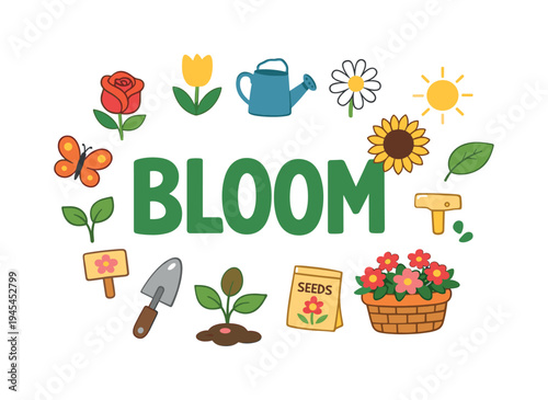 Home gardening lifestyle centered on planting and caring for decorative flowers that brighten living spaces and create a peaceful natural environment. BLOOM title surrounded by flat doodle
