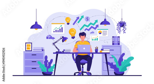 Young professional working diligently at modern office desk with laptop and business charts