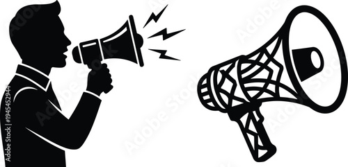 Man speaking through megaphone with loudspeaker icons announcement communication marketing promotion protest broadcast concept black silhouette vector illustration