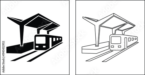 Modern train station with railway platform and passenger train silhouette and outline transport infrastructure vector illustration