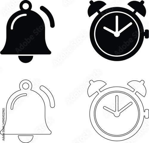 Notification bell and alarm clock vector icons in solid and outline style representing reminder alert time management concept