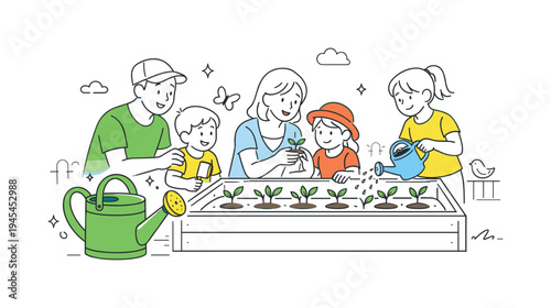 A family spending a relaxed afternoon gardening together and learning how to grow vegetables in their backyard space, visual metaphor of a large raised garden bed with young plants beside a
