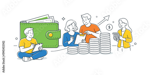 Friends organizing a personal budgeting plan to improve financial awareness and responsible spending habits, visual metaphor of a large wallet beside stacked coins and a simple upward arrow