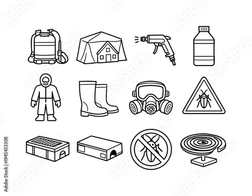 Professional extermination tools: backpack sprayer, fumigation tent over house, chemical spray nozzle, pesticide bottle, protective suit, rubber boots, gas mask respirator, warning triangle