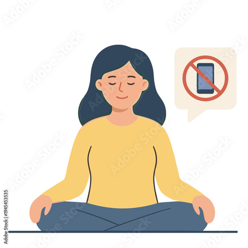 Woman meditates peacefully indoors with eyes closed avoiding phone