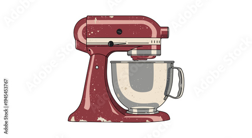 Retro red stand mixer with metal bowl, vintage kitchen appliance