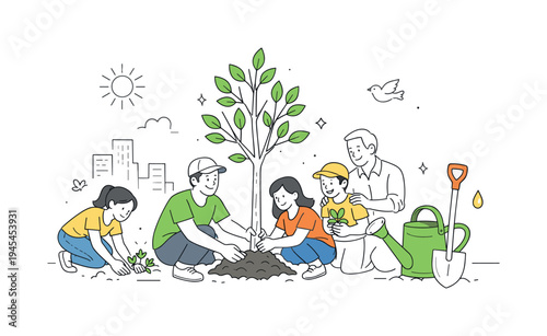 People working together to restore a small urban green area and bring more nature back into their neighborhood environment, visual metaphor of a large young tree being planted beside a