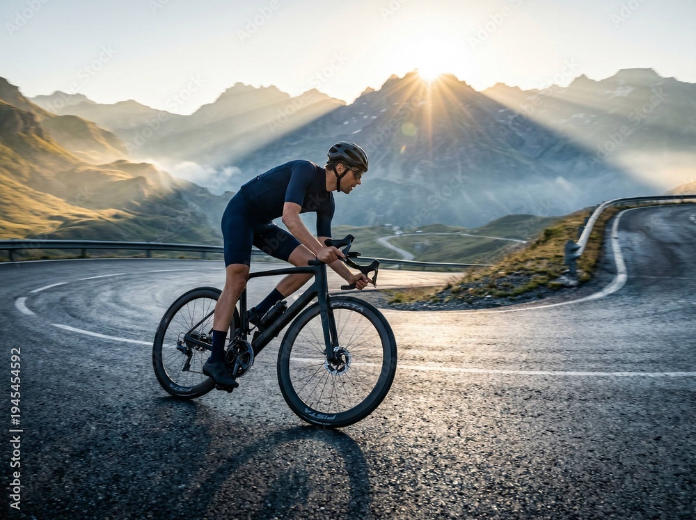 Fototapeta premium Cyclist riding a road bike on a winding mountain road during sunrise, wearing helmet and sportswear, active lifestyle, clear sky, scenic landscape