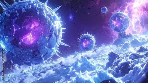 sfere di ghiaccio ricoperte di punte, mentre iniziano a fluttuare sopra la superficie rocciosa e ghiacciata di un pianeta in un ambiente spaziale di fantasia, mentre emanano delle scariche elettriche