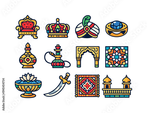 Mughal royal culture: emperor throne, jeweled crown, feather plume turban, royal ring gem, ornate perfume bottle, decorative hookah, carved palace arch, mosaic tile pattern, lotus fountain