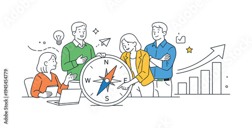 A team of professionals aligning business priorities during a strategic planning session in a modern workspace, gathered around a large compass next to a simple upward arrow chart that