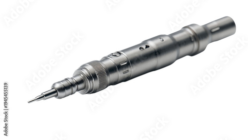 A sleek, metallic precision pen, showcasing its intricate design and functionality on a transparent background.